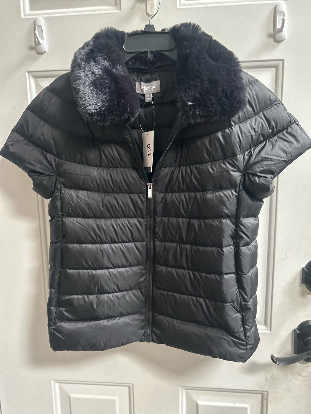 Martha Stewart Black Harvest + Holiday Quilted Puffer w/ Faux Fur Collar